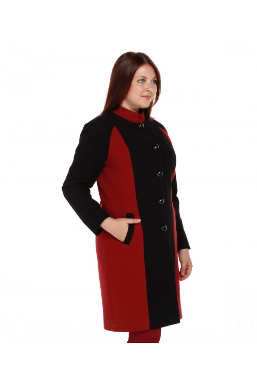 Nidya Moda Büyük Beden Kadın Siyah Hakim Yaka Bordo Kombinli  Uzun  Kaban-5011SB