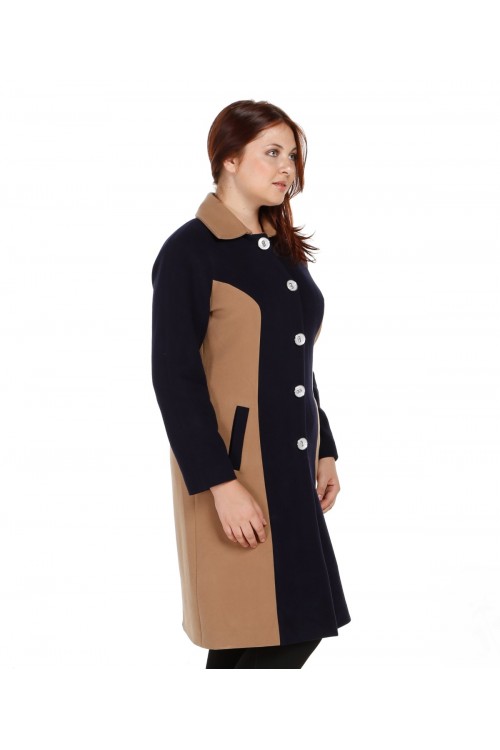 Nidya Moda Büyük Beden Kadın Siyah  Kupları Taba Kombinli Uzun  Kaban-5012SK