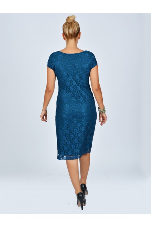 Nidya Moda Büyük Beden Kadın  Petrol Vako Dantel Abiye  Elbise-4035DP