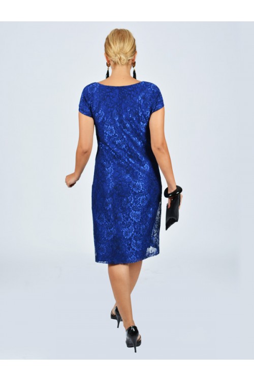 Nidya Moda Büyük Beden Kadın Saks Vako Dantel  Abiye Elbise-4035DSX