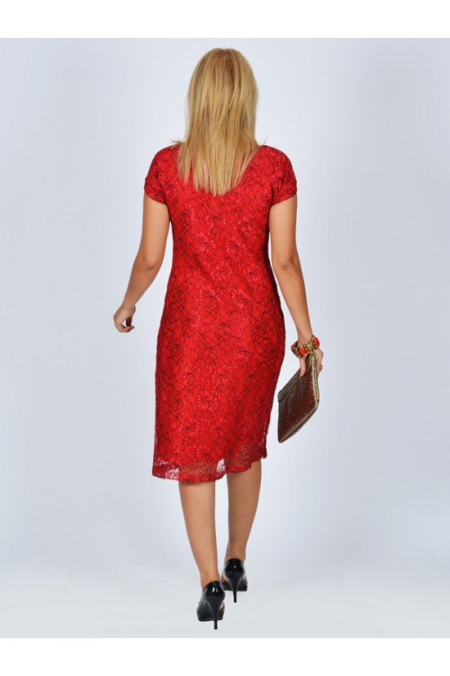 Nidya Moda Büyük Beden Kadın Kırmızı Vako  Dantel  Abiye Elbise-4035DK