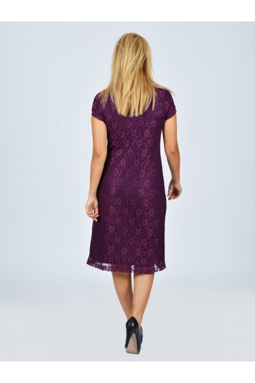 Nidya Moda Büyük Beden Kadın Mürdüm Vako  Dantel Abiye Elbise-4035DM