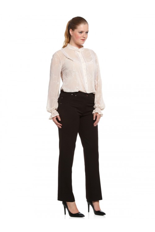 Nidya Moda Büyük Beden Kadın Kahverengi Çift Filota Kumaş Pantolon-2019K