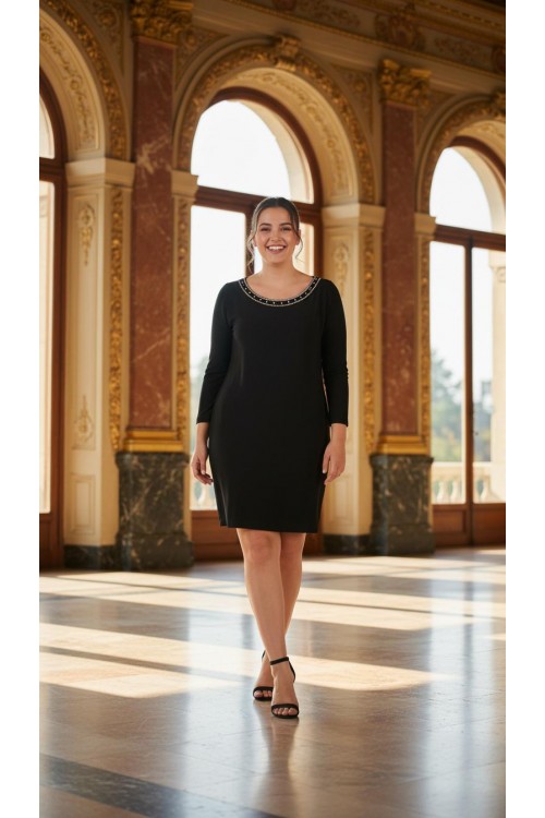 Nidya Moda Büyük Beden Kadın Siyah Taşlı Kayık Yaka Sandy  Abiye Elbise-4002S