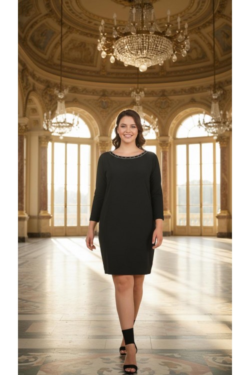 Nidya Moda Büyük Beden Kadın Siyah Taşlı Kayık Yaka Sandy  Abiye Elbise-4002S