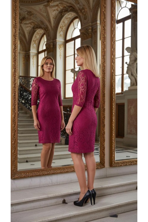 Nidya Moda Büyük Beden Kadın Fuşya  Yarım Kol  Dantel Abiye Elbise-4009DF