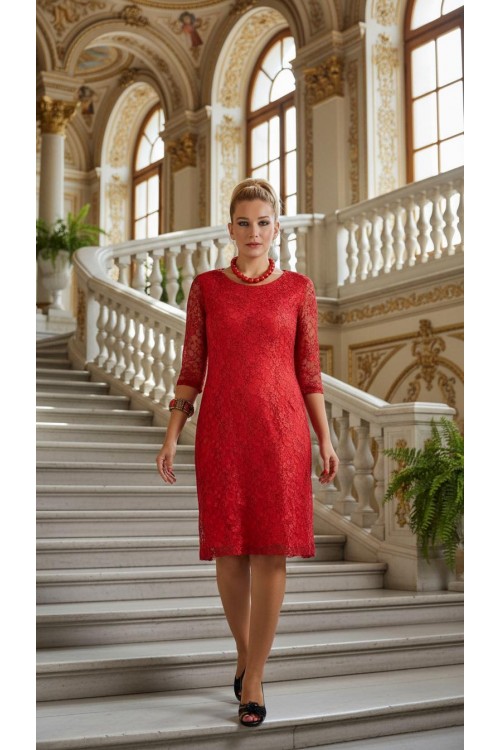 Nidya Moda Büyük Beden Kadın Kırmızı Yarım Kol  Dantel Abiye Elbise-4009DK