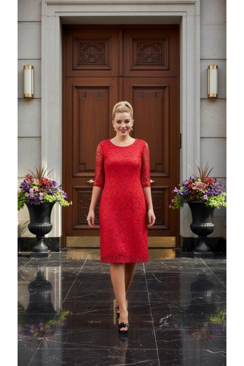 Nidya Moda Büyük Beden Kadın Kırmızı Yarım Kol  Dantel Abiye Elbise-4009DK