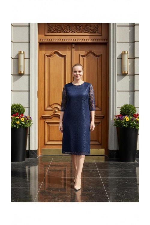 Nidya Moda büyük Beden Kadın Lacivert Dantel Abiye Elbise-4009DL