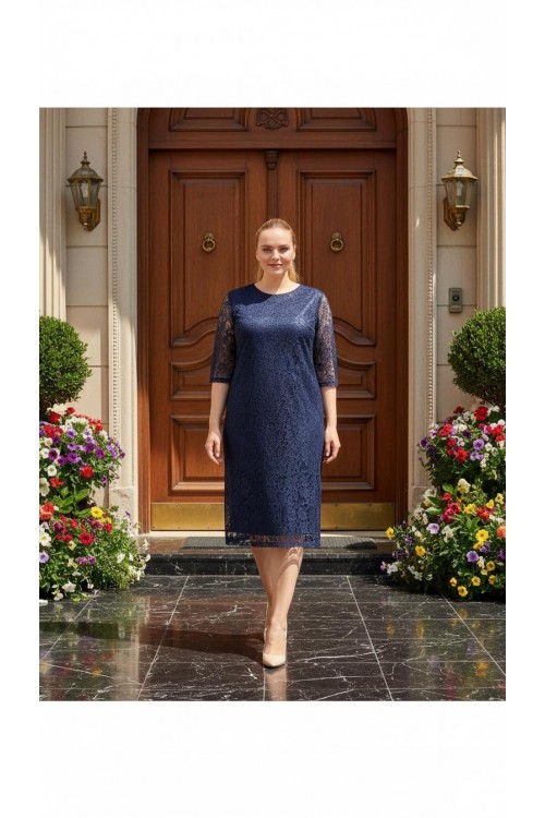 Nidya Moda büyük Beden Kadın Lacivert Dantel Abiye Elbise-4009DL