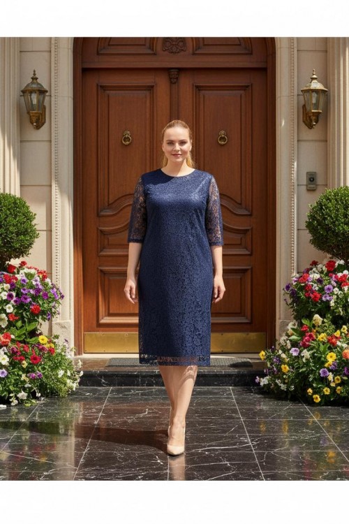 Nidya Moda büyük Beden Kadın Lacivert Dantel Abiye Elbise-4009DL