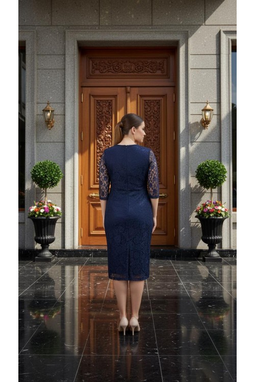 Nidya Moda büyük Beden Kadın Lacivert Dantel Abiye Elbise-4009DL