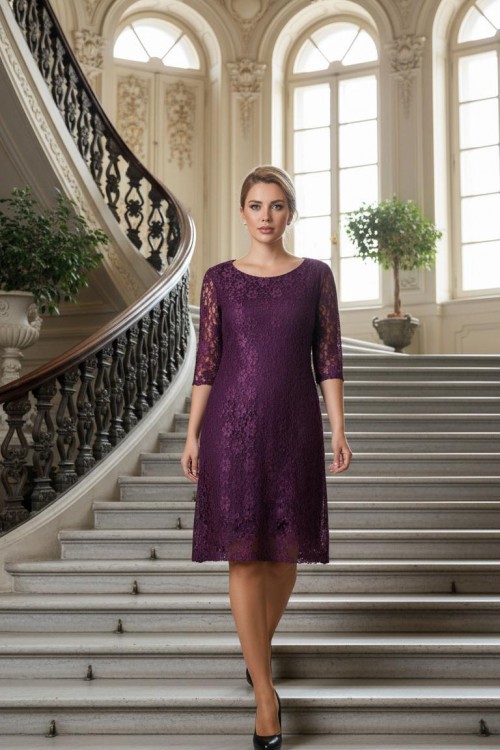 Nidya Moda Büyük Beden Kadın Mürdüm Yarım Kol  Dantel Abiye Elbise-4009DM