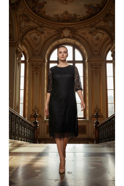 Nidya Moda Büyük Beden Kadın Siyah  Yarım Kol Dantel Abiye Elbise-4009DS