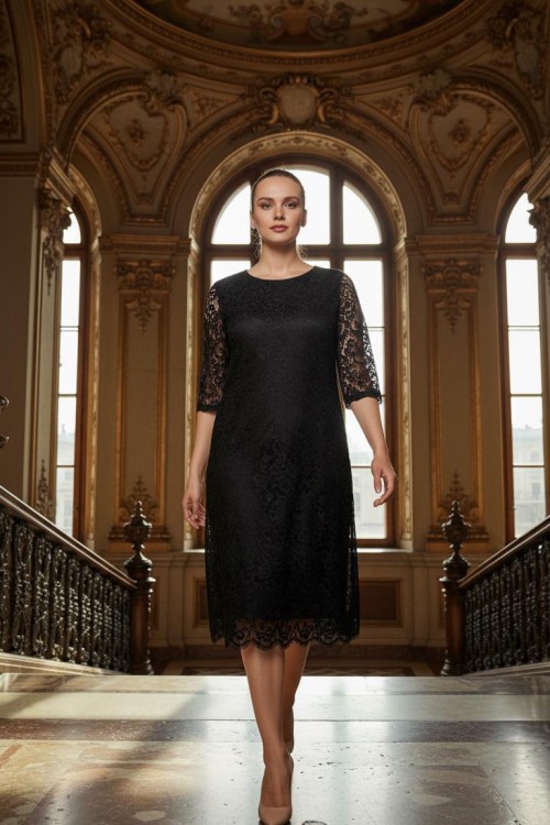 Nidya Moda Büyük Beden Kadın Siyah  Yarım Kol Dantel Abiye Elbise-4009DS