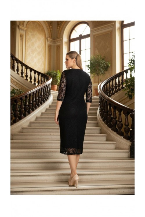 Nidya Moda Büyük Beden Kadın Siyah  Yarım Kol Dantel Abiye Elbise-4009DS