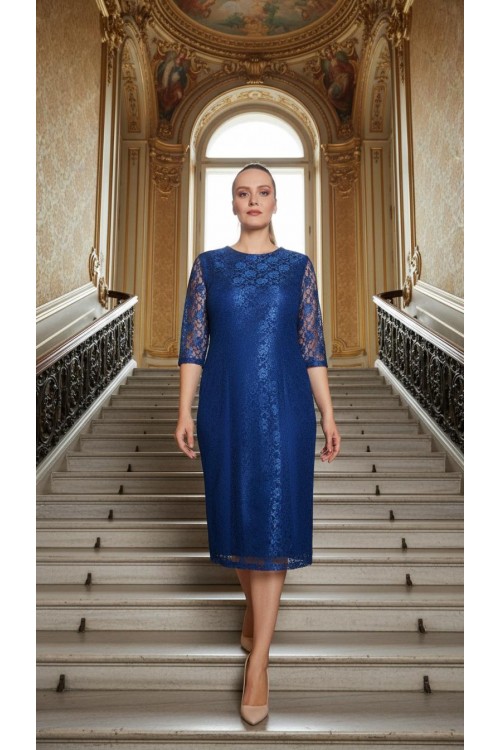 Nidya Moda Büyük Beden Kadın Saks  Yarım Kol  Dantel Abiye Elbise-4009DSX