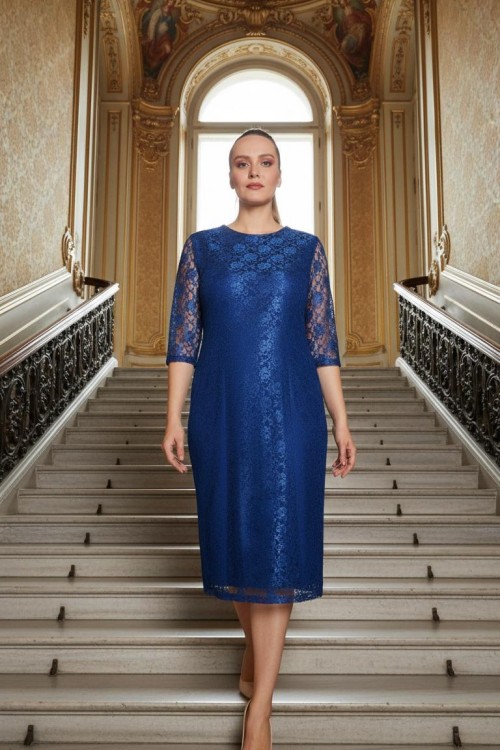 Nidya Moda Büyük Beden Kadın Saks  Yarım Kol  Dantel Abiye Elbise-4009DSX