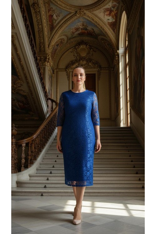 Nidya Moda Büyük Beden Kadın Saks  Yarım Kol  Dantel Abiye Elbise-4009DSX