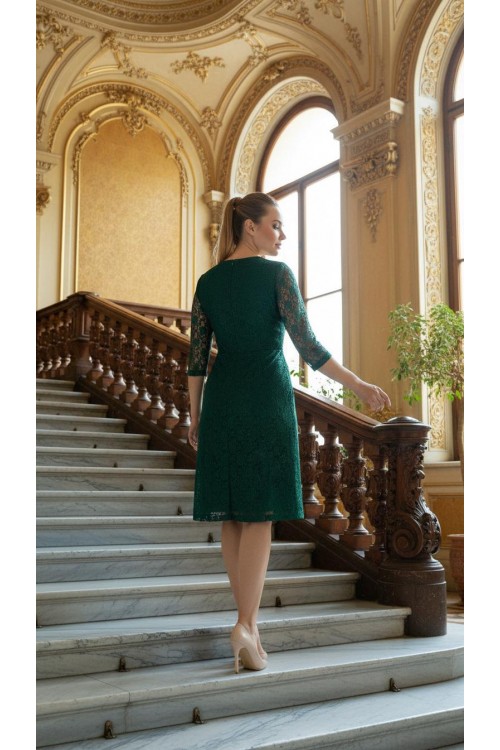 Nidya Moda Büyük Beden Kadın Yeşil  Yarım Kol  Dantel Abiye Elbise-4009DY