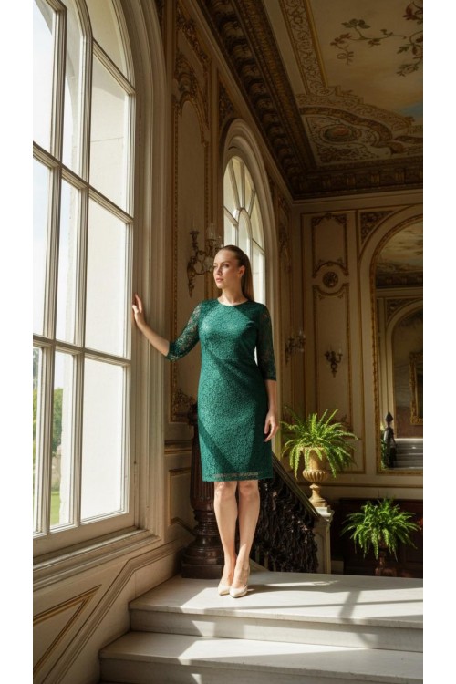 Nidya Moda Büyük Beden Kadın Yeşil  Yarım Kol  Dantel Abiye Elbise-4009DY