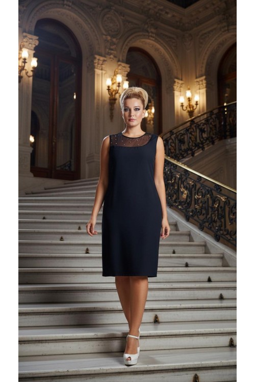 Nidya Moda Büyük Beden Kadın Lacivert Tülü Taş İşli  Krep Abiye  Elbise-4011L