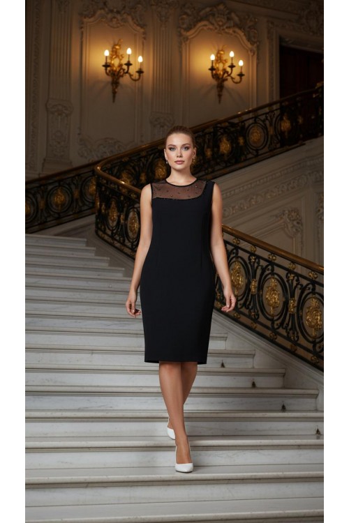 Nidya Moda Büyük Beden Kadın Lacivert Roba  Taşlı Tül Kombinli  Krep Abiye Elbise-4011BL