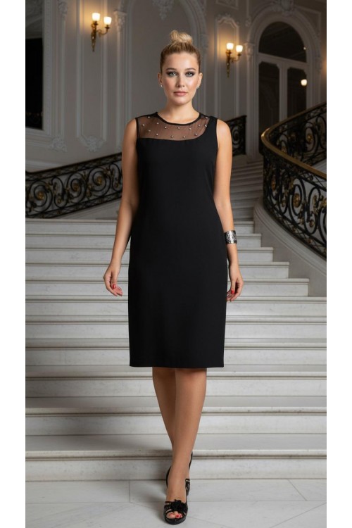 Nidya Moda Büyük Beden Kadın Siyah Roba Taş İşli Tül Kombin Krep Abiye Elbise-4011S