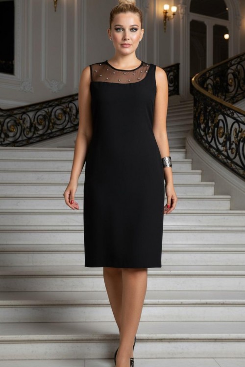 Nidya Moda Büyük Beden Kadın Siyah Roba Taş İşli Tül Kombin Krep Abiye Elbise-4011S