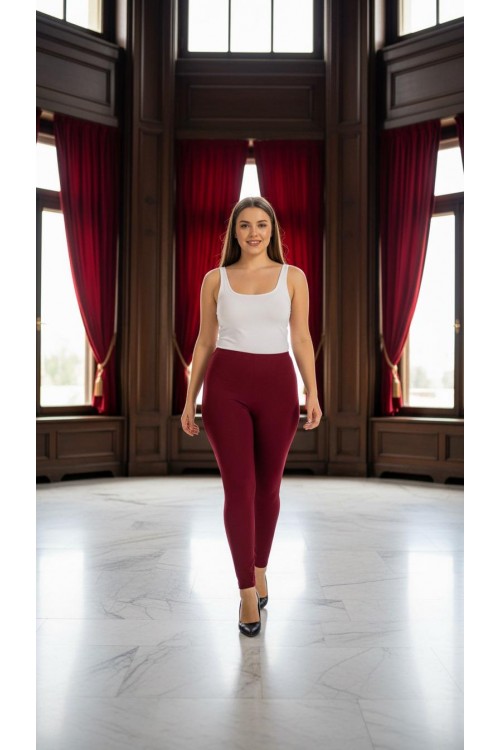 Nidya Moda Büyük Beden Kadın Bordo Lacost Tayt-2050B
