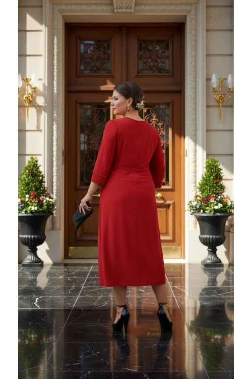 Nidya Moda Büyük Beden Kadın Kırmızı  Roba Dantel Kol Taş İşli Sandy Abiye Elbise-4025AK