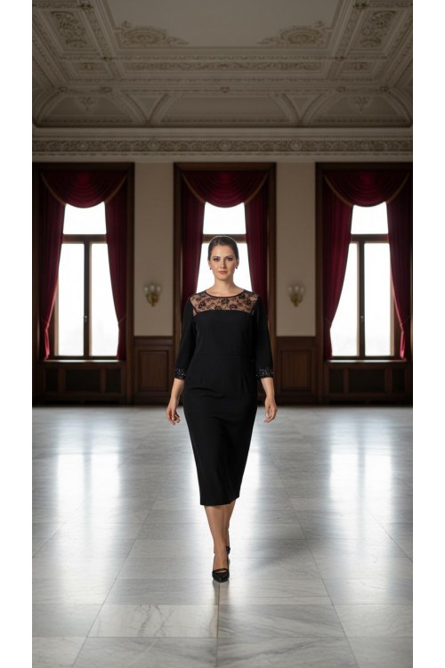 Nidya Moda Büyük Beden Kadın Siyah Roba Dantel Kol   Taş İşli Sandy Abiye Elbise-4025AS