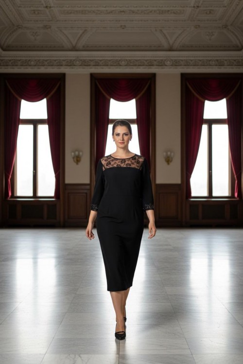 Nidya Moda Büyük Beden Kadın Siyah Roba Dantel Kol   Taş İşli Sandy Abiye Elbise-4025AS