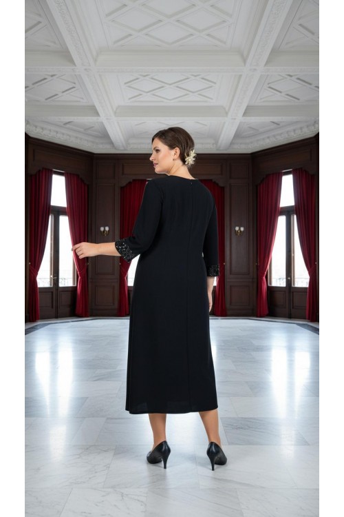 Nidya Moda Büyük Beden Kadın Siyah Roba Dantel Kol   Taş İşli Sandy Abiye Elbise-4025AS