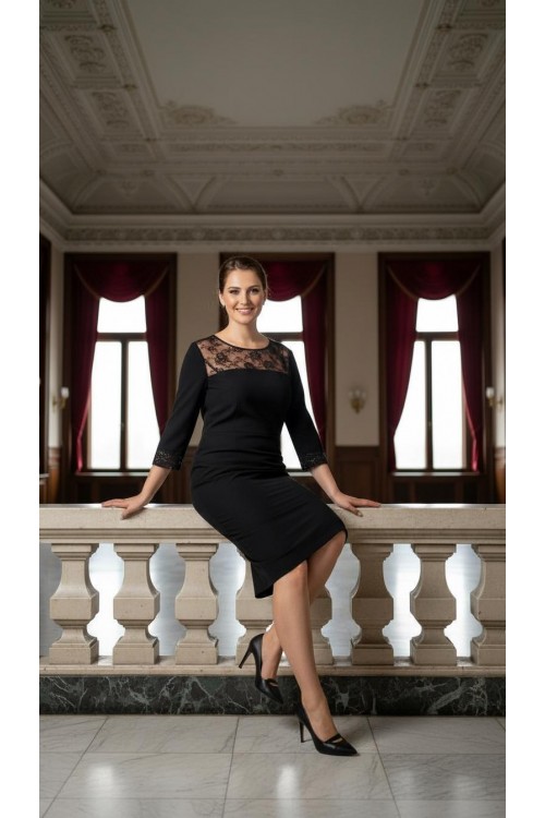 Nidya Moda Büyük Beden Kadın Siyah Roba Dantel Kol   Taş İşli Sandy Abiye Elbise-4025AS