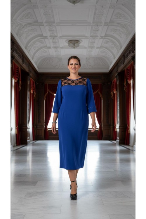 Nidya Moda Büyük Beden Kadın Saks Roba Dantel Kol Taş İşli Sandy  Abiye Elbise-4025ASX