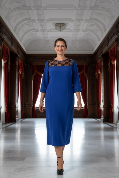 Nidya Moda Büyük Beden Kadın Saks Roba Dantel Kol Taş İşli Sandy  Abiye Elbise-4025ASX