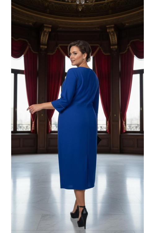 Nidya Moda Büyük Beden Kadın Saks Roba Dantel Kol Taş İşli Sandy  Abiye Elbise-4025ASX