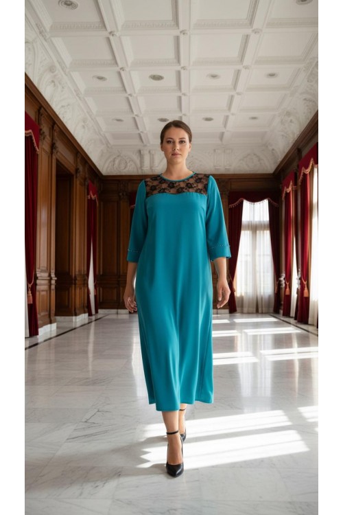 Nidya Moda Büyük Beden Kadın Turkuaz Roba Dantel Kol  Taş İşli Sandy  Abiye Elbise-4025AT
