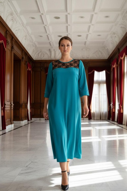 Nidya Moda Büyük Beden Kadın Turkuaz Roba Dantel Kol  Taş İşli Sandy  Abiye Elbise-4025AT