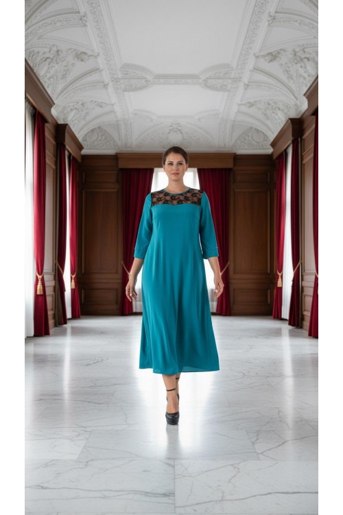 Nidya Moda Büyük Beden Kadın Turkuaz Roba Dantel Kol  Taş İşli Sandy  Abiye Elbise-4025AT