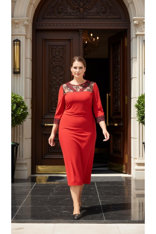 Nidya Moda Büyük Beden Kadın Kırmızı  V Bant Roba Kol  Dantel Kombin Taş İşli  Sandy  Abiye Elbise-4025K