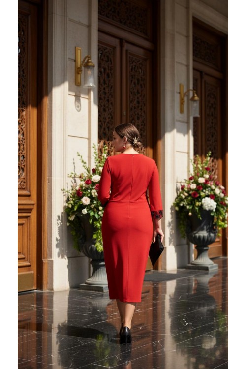 Nidya Moda Büyük Beden Kadın Kırmızı  V Bant Roba Kol  Dantel Kombin Taş İşli  Sandy  Abiye Elbise-4025K