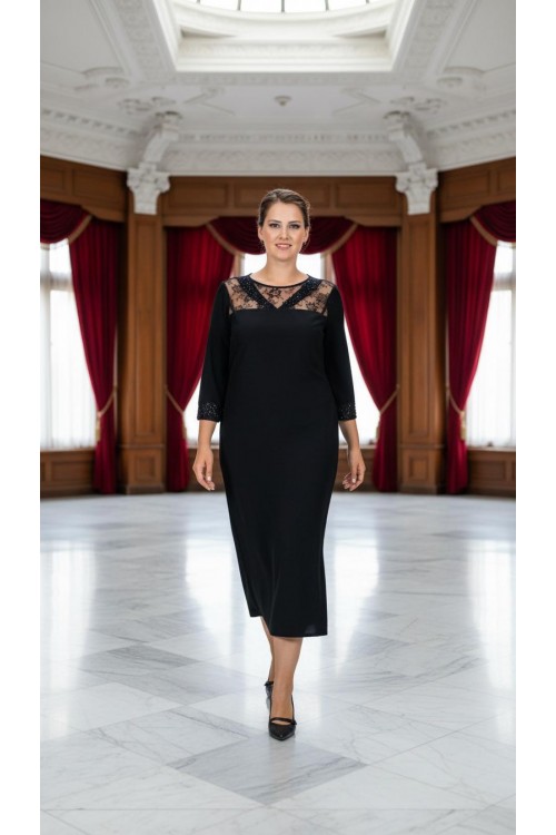 Nidya Moda Büyük Beden Kadın Siyah V Bant  Roba Kol Dantel Kombin Taş İşli Sandy Abiye Elbise-4025S