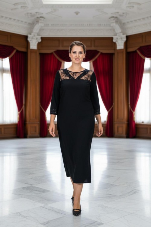 Nidya Moda Büyük Beden Kadın Siyah V Bant  Roba Kol Dantel Kombin Taş İşli Sandy Abiye Elbise-4025S