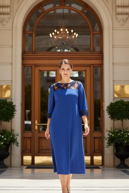 Nidya Moda Büyük Beden Kadın Saks V Bantlı  Roba Kol Dantel  Taş İşli Sandy Abiye Elbise-4025SX