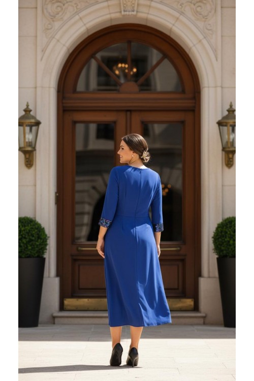 Nidya Moda Büyük Beden Kadın Saks V Bantlı  Roba Kol Dantel  Taş İşli Sandy Abiye Elbise-4025SX