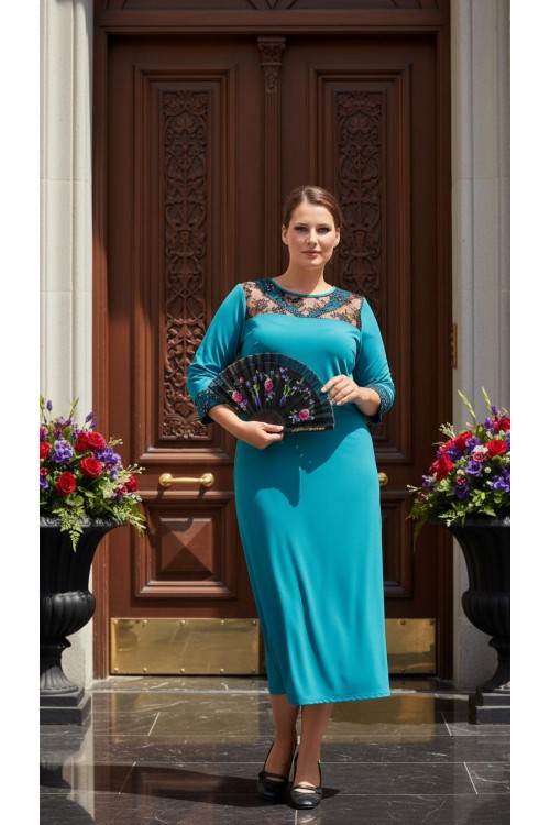 Nidya Moda Büyük Beden Kadın Turkuaz V Bant Roba Kol Dantel Kombin Taş İşli Sandy  Abiye Elbise-4025T