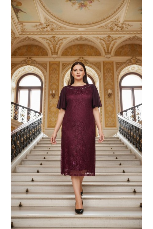 Nidya Moda Büyük Beden Kadın Mürdüm  Yaka Taşlı Dantel  Abiye Elbise-4026DM