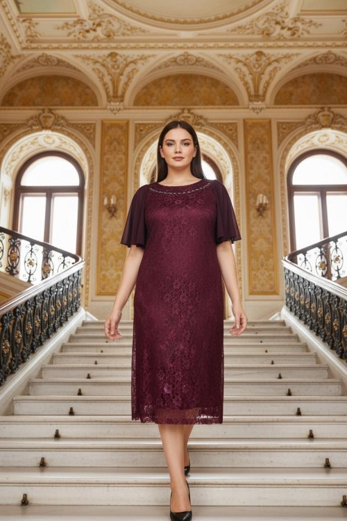 Nidya Moda Büyük Beden Kadın Mürdüm  Yaka Taşlı Dantel  Abiye Elbise-4026DM